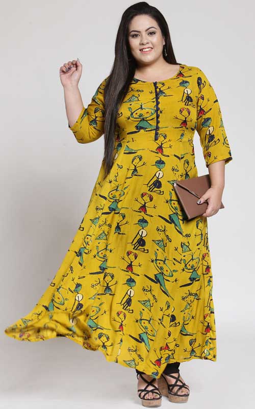 Yellow & Green Printed Anarkali Kurta