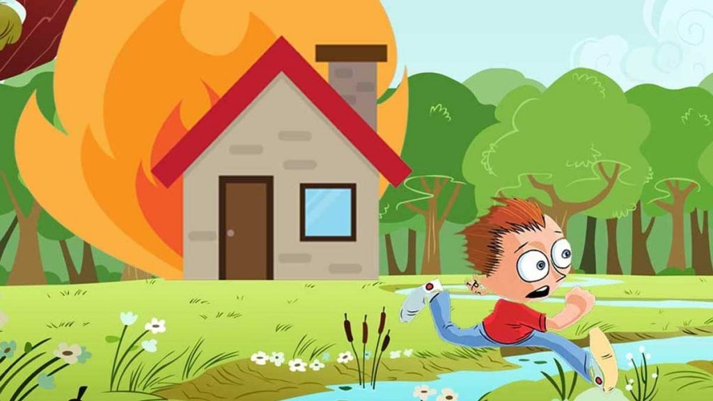 Boy getting away from a house on fire