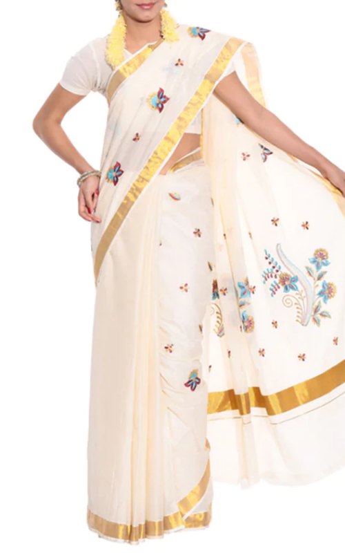 Beige Cotton Kasavu Saree