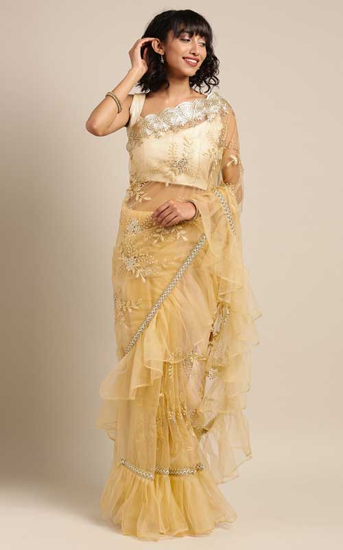 Beige Embroidered Net Ruffle Saree