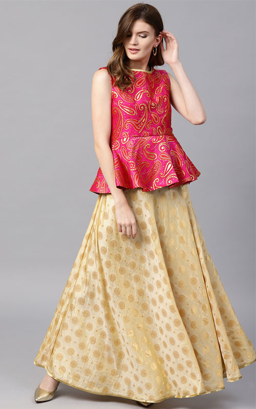 Beige & Pink Semi-Stitched Lehenga