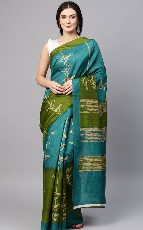 Blue & Green Art Silk Printed Saree