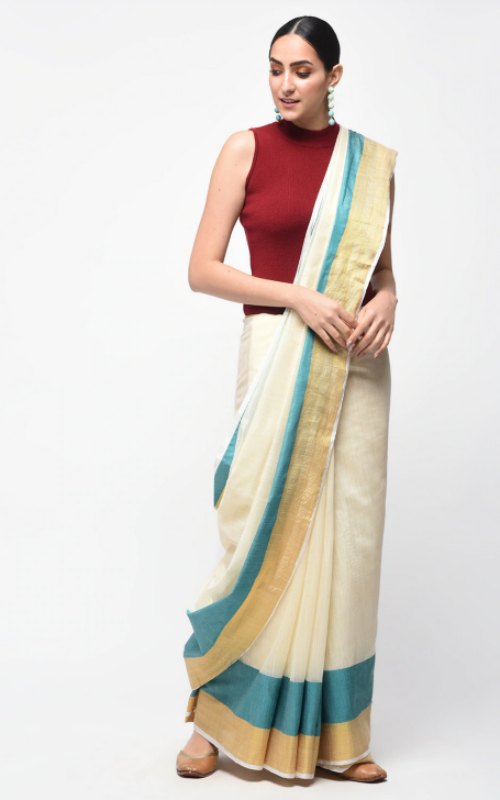 Contrast Zari Border Off-White Kasavu Saree