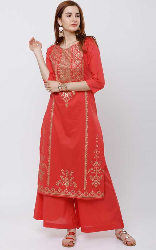 Coral & Gold-Toned Printed Kurti with Palazzos