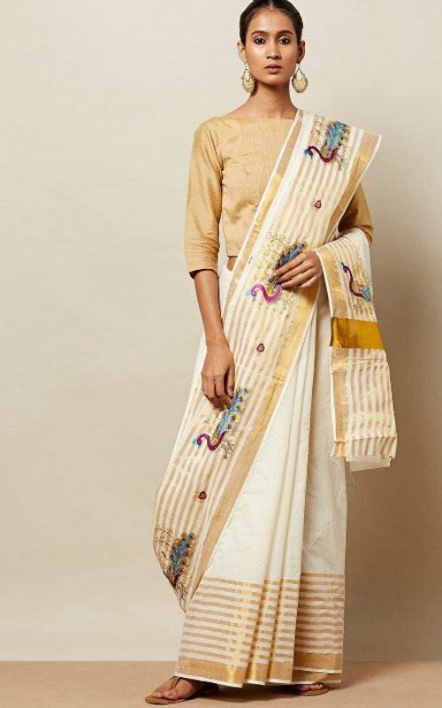 Embroidered Cotton Kerala Kasavu Saree