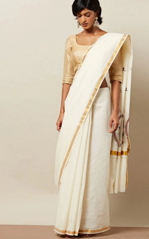 Embroidered Kasavu Saree