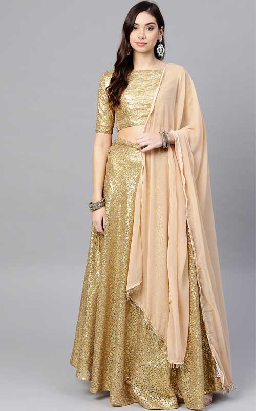 Golden Sequinned Semi-Stitched Lehenga