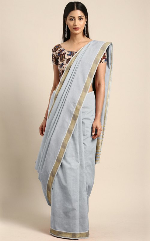 Grey Pure Cotton Kasavu Saree