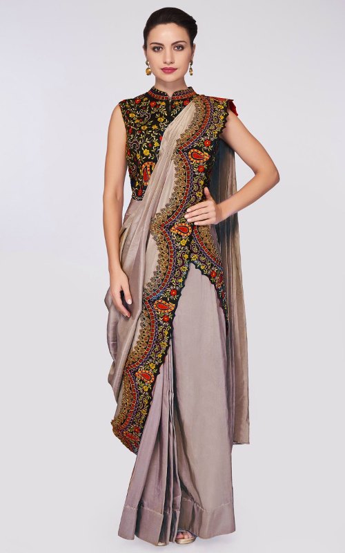 Grey Silk Draped Saree Lehenga