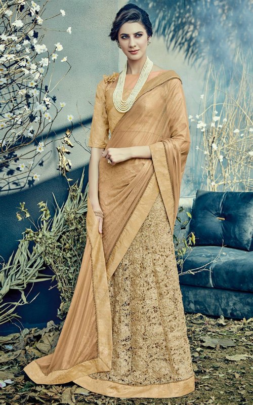 Lehenga Style Net Sarees In Beige