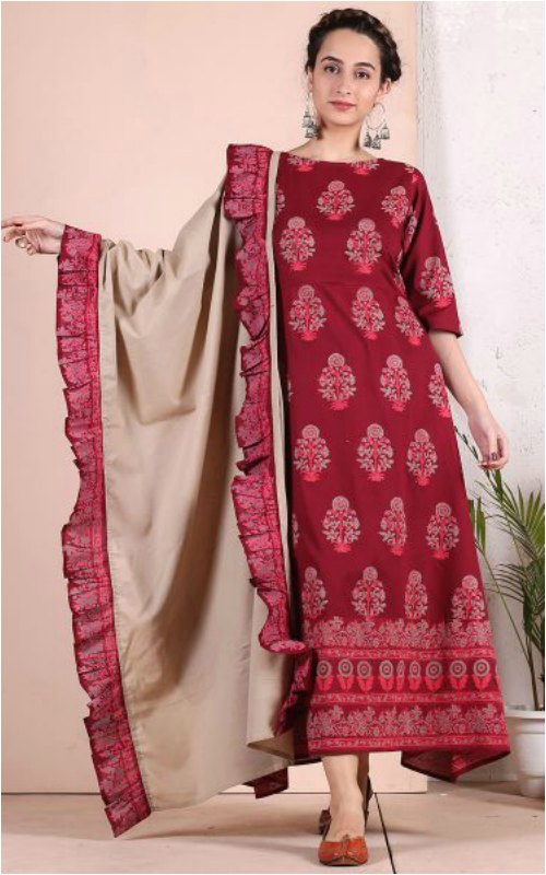 Maroon Hand Printed Long Kurta