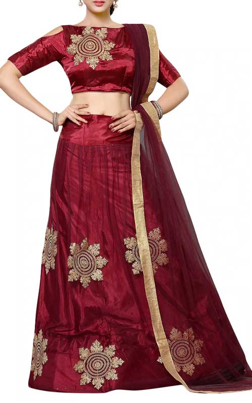 Maroon Net Flared Lehenga