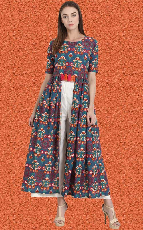 Multicoloured Printed Front Open A-Line Kurta