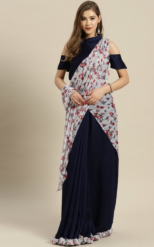 Navy Blue And White Printed Lehenga Saree