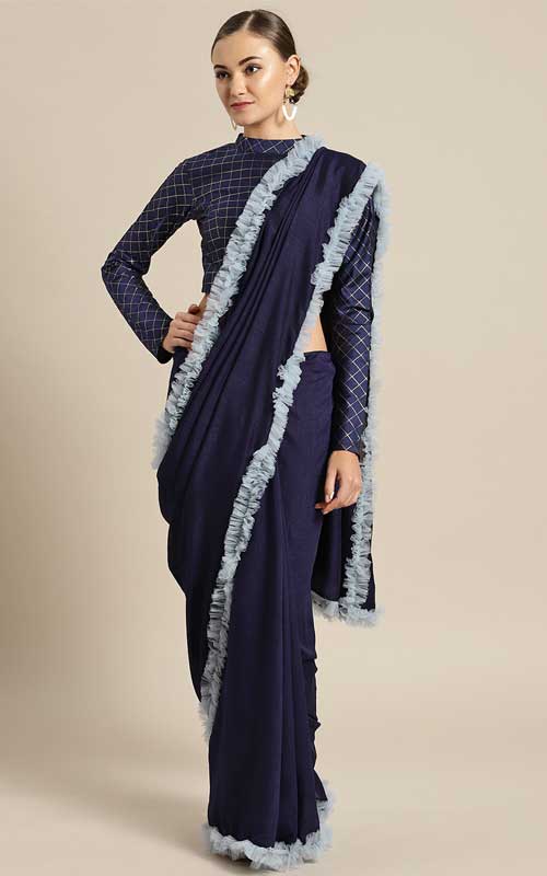 Navy Blue Solid Ruffled Saree