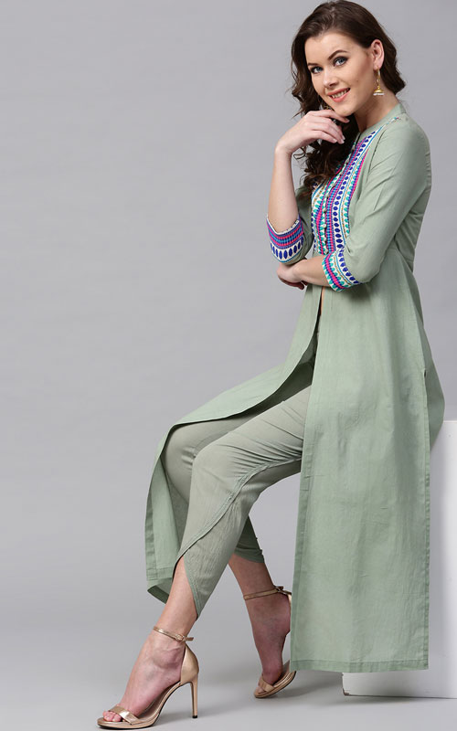 Olive Green Yoke Design Front Open Kurta