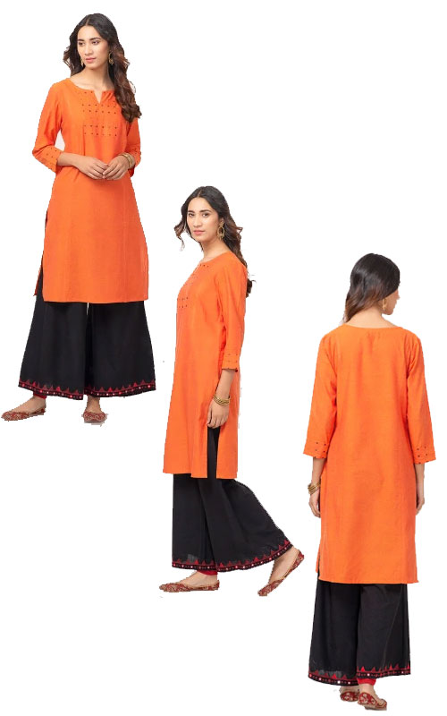 Orange Cotton Texture Embroidered Yoke Mini Kurta