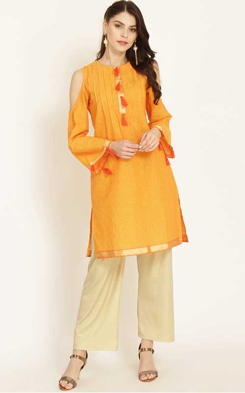 Orange Woven Design A-Line Cold-Shoulder Kurti