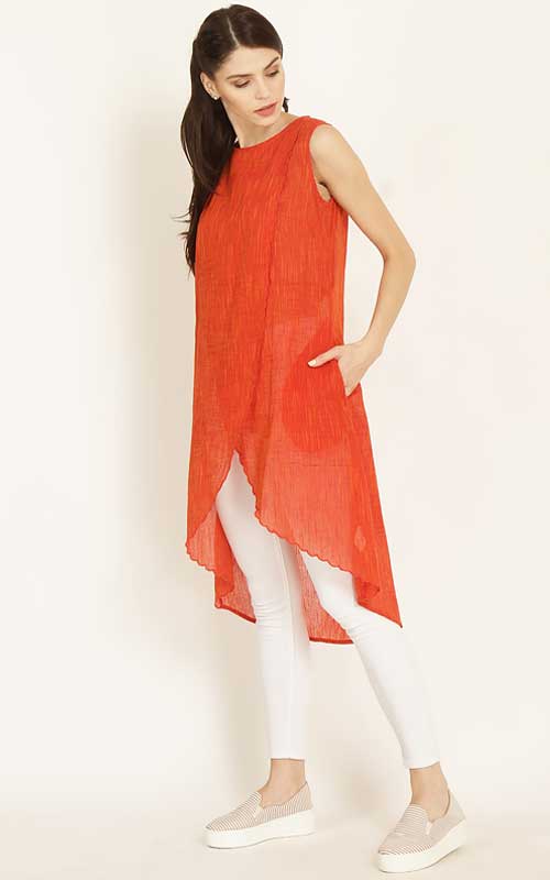 Orange Woven Design Asymmetric Layered Kurti