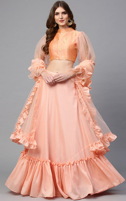 Peach-Coloured Solid Semi-Stitched Lehenga