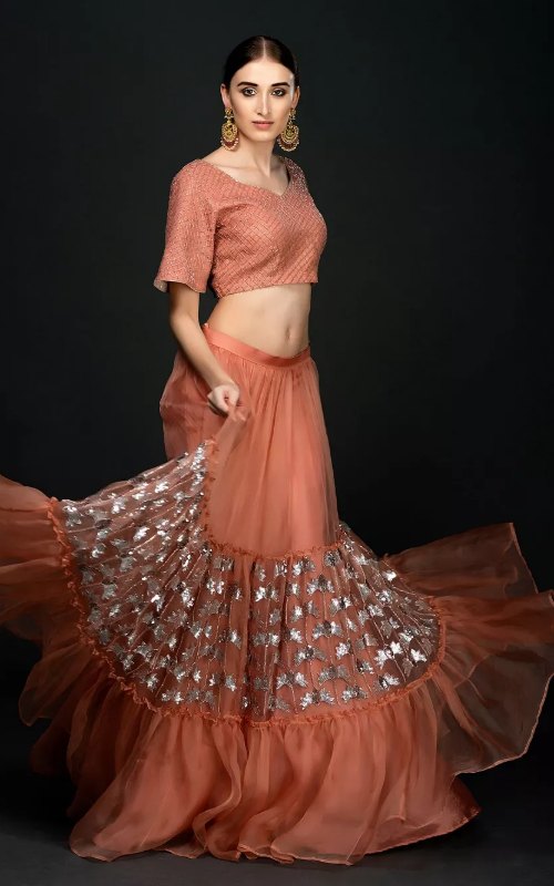 Peach Embroidered Ruffle Lehenga Set