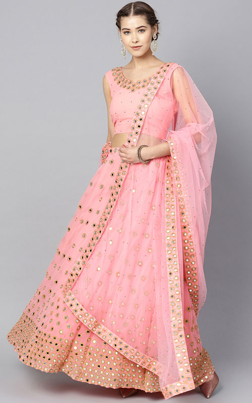 Pink Semi-Stitched Lehenga Mirror Work