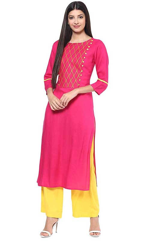  Pink & Yellow Embroidered Kurta and Palazzo Set