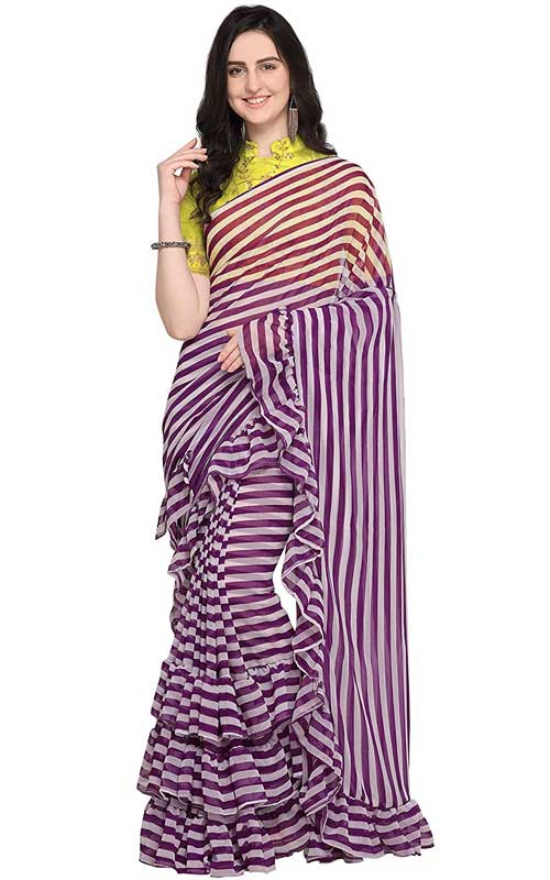 Poly Georgette Striped Ruffle Saree