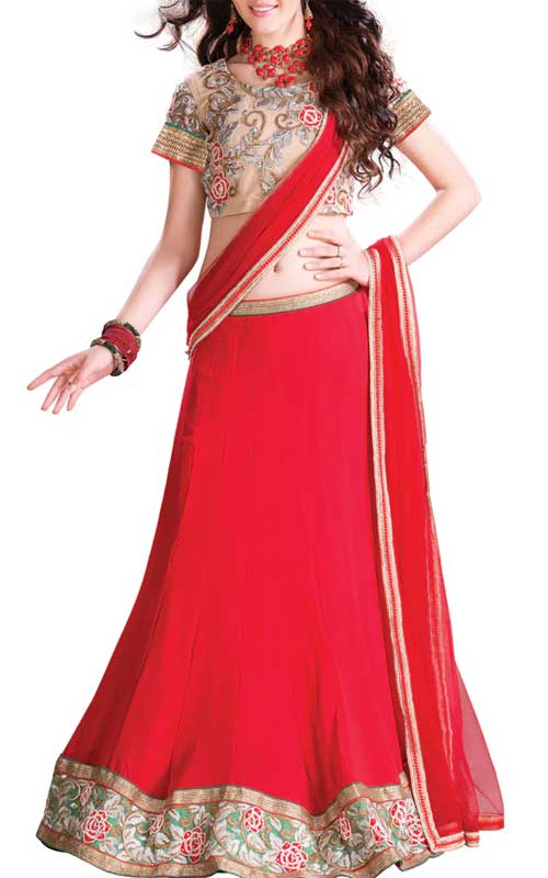 Red Embroidered Silk Lehenga Set