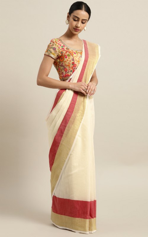 Red Solid Kasavu Saree