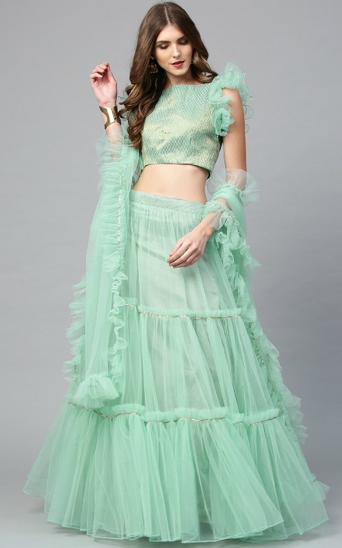 Sea Green Ruffle Lehenga With Dupatta