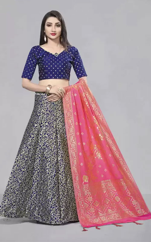 Self Design Semi Stitched Lehenga (Dark Blue, Gold, Pink)