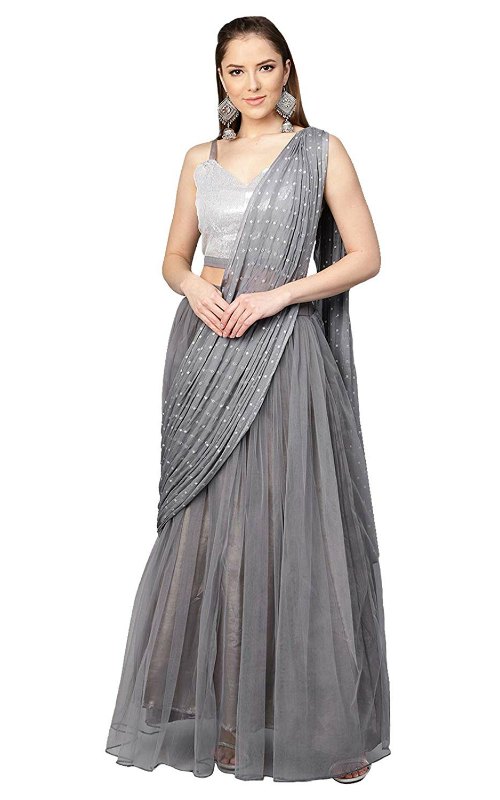 Solid Grey Lehenga Saree