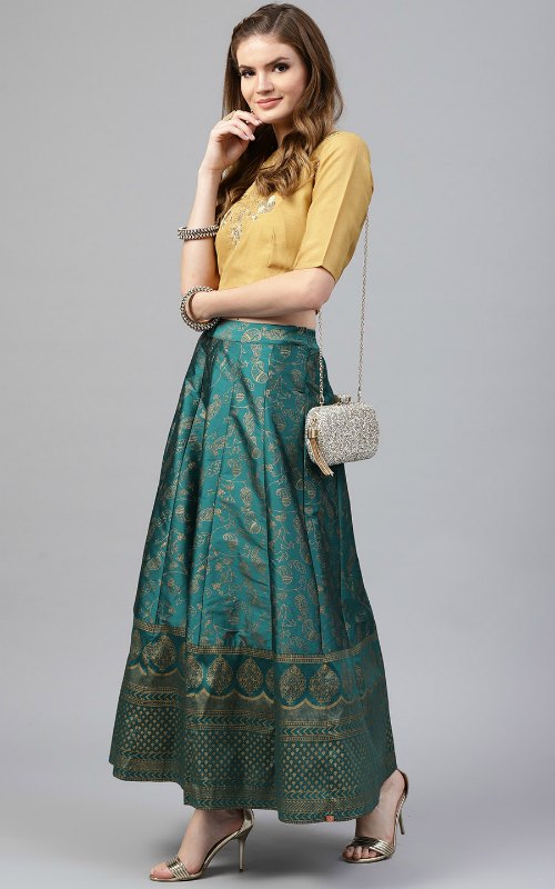 Teal Green Golden Ready To Wear Lehenga 