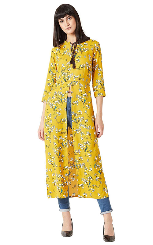 Yellow Round Neck Floral Front Open Kurti Top