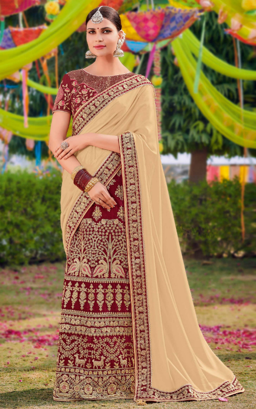Beige & Maroon Velvet Designer Lehenga Saree