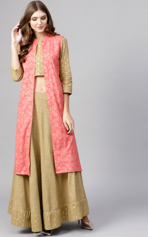 Beige & Peach-Coloured Khari Print Lehenga with Choli & Ethnic Jacket