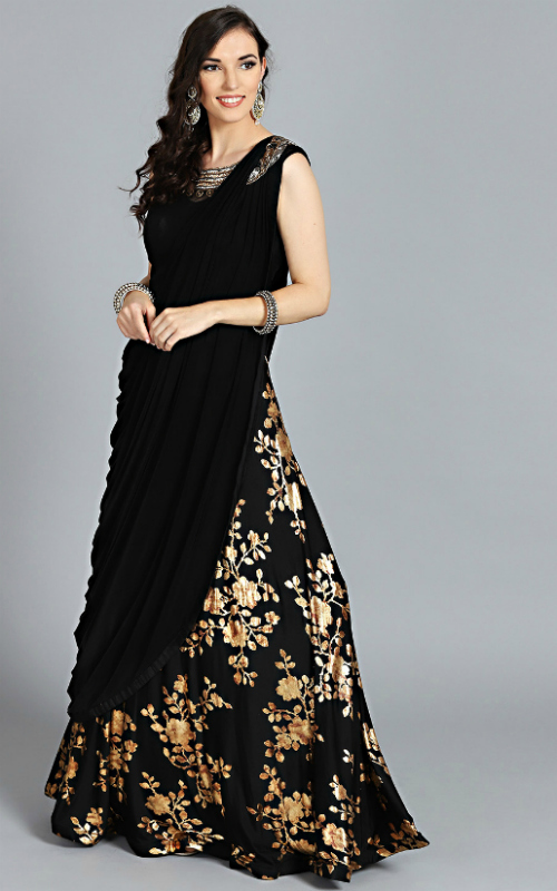 Black & Golden Foil Print Kurti Style Lehenga 