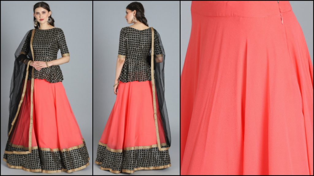 Black & Peach Coloured Lehenga & Choli With Dupatta