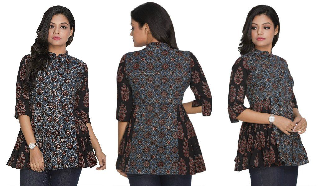 Blue Ajrak Printed Cotton Kurti