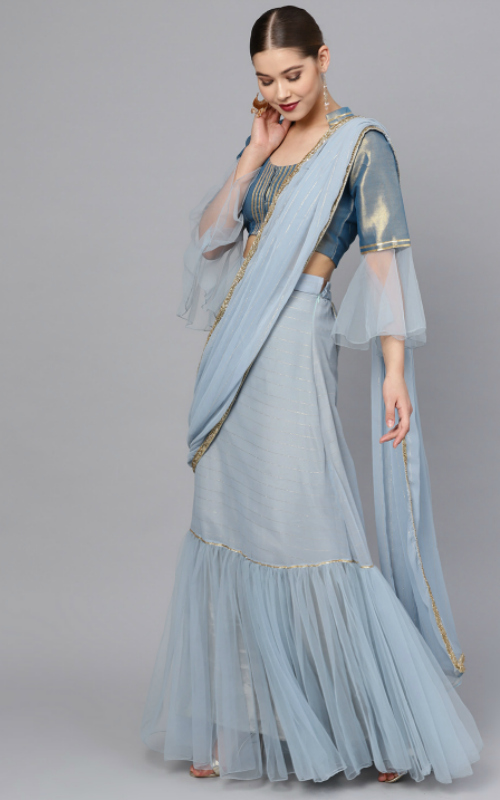 Blue Striped Ruffled Lehenga Saree