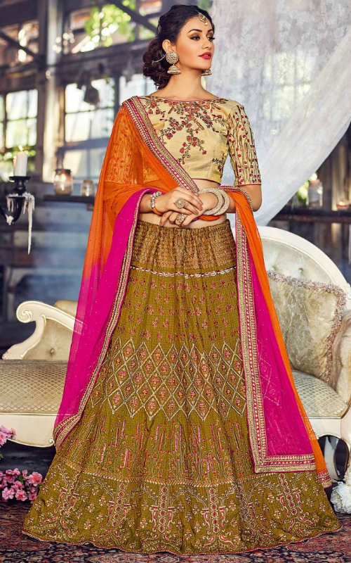 Brown Silk Semi-Stitched Flared Lehenga