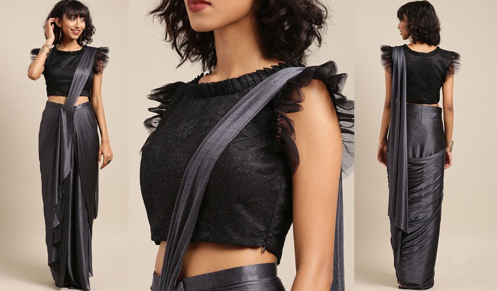 Charcoal Grey & Black Poly Crepe One Minute Solid Saree