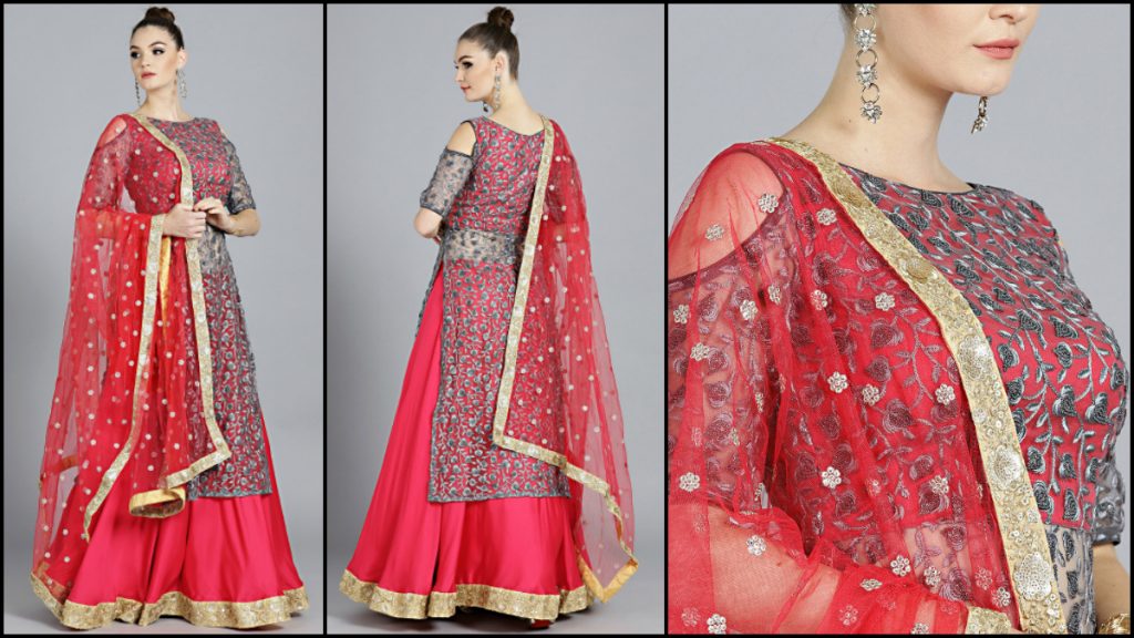 Coral Pink Lehenga, Extended Grey Choli & Net Dupatta