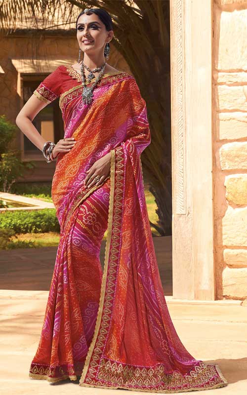 Embroidered Lace Border Bandhani Saree With Blouse