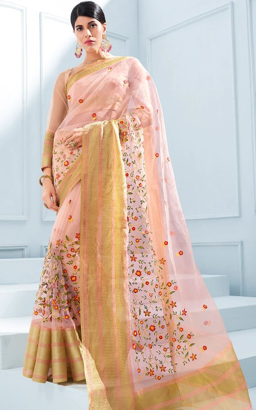 Floral Embroidered Pink Saree With Blouse