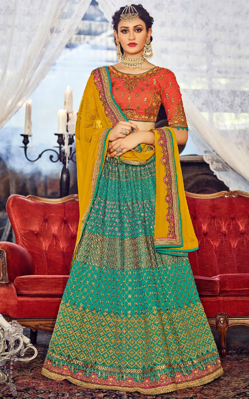 Green Silk Semi-Stitched Flared Lehenga