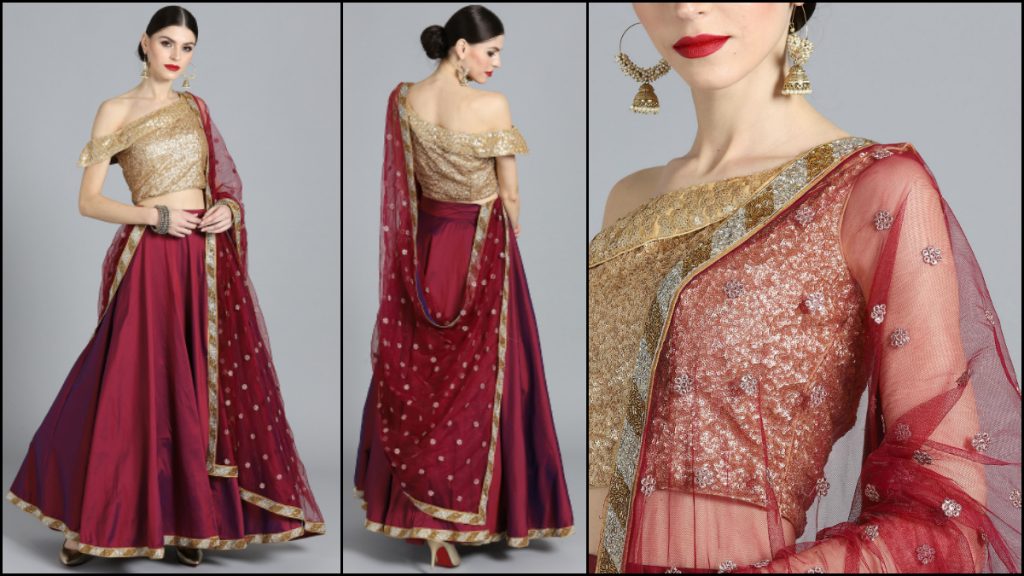 Maroon & Golden Sequinned Lehenga Choli WIth Net Dupatta