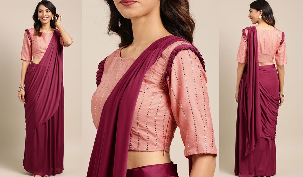 Maroon & Peach-Coloured Poly Crepe One Minute Solid Saree