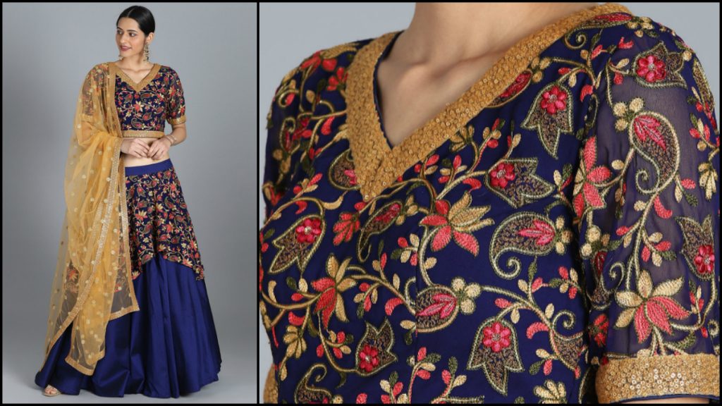 Navy-Blue & Gold Coloured Embroidered Lehenga Set